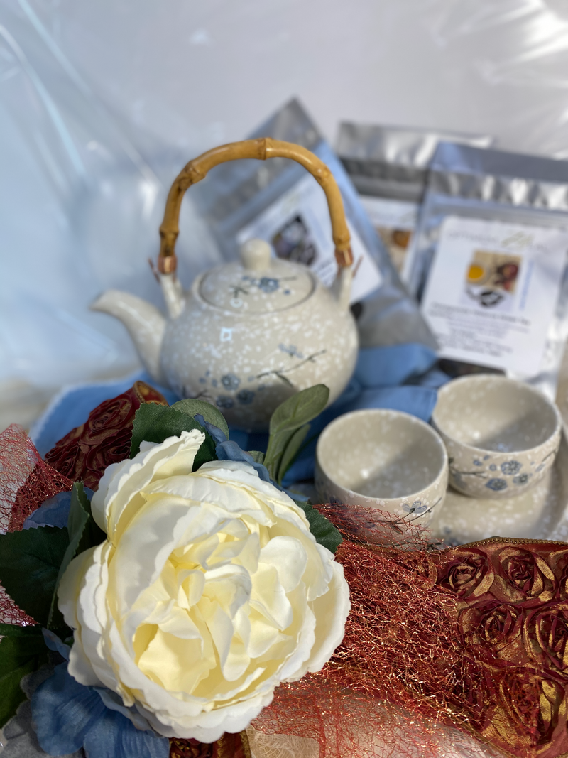 Tea Gift Basket with a teapot, two cups, tray, 3oz loose-leaf teas, gift wrapped OptimumZeal.com