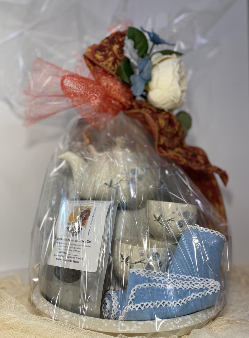 Tea Gift Basket with a teapot, two cups, tray, 3oz loose-leaf teas, gift wrapped OptimumZeal.com