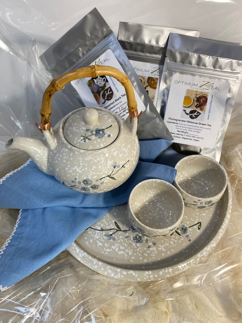 Tea Gift Basket with a teapot, two cups, tray, 3oz loose-leaf teas, gift wrapped OptimumZeal.com