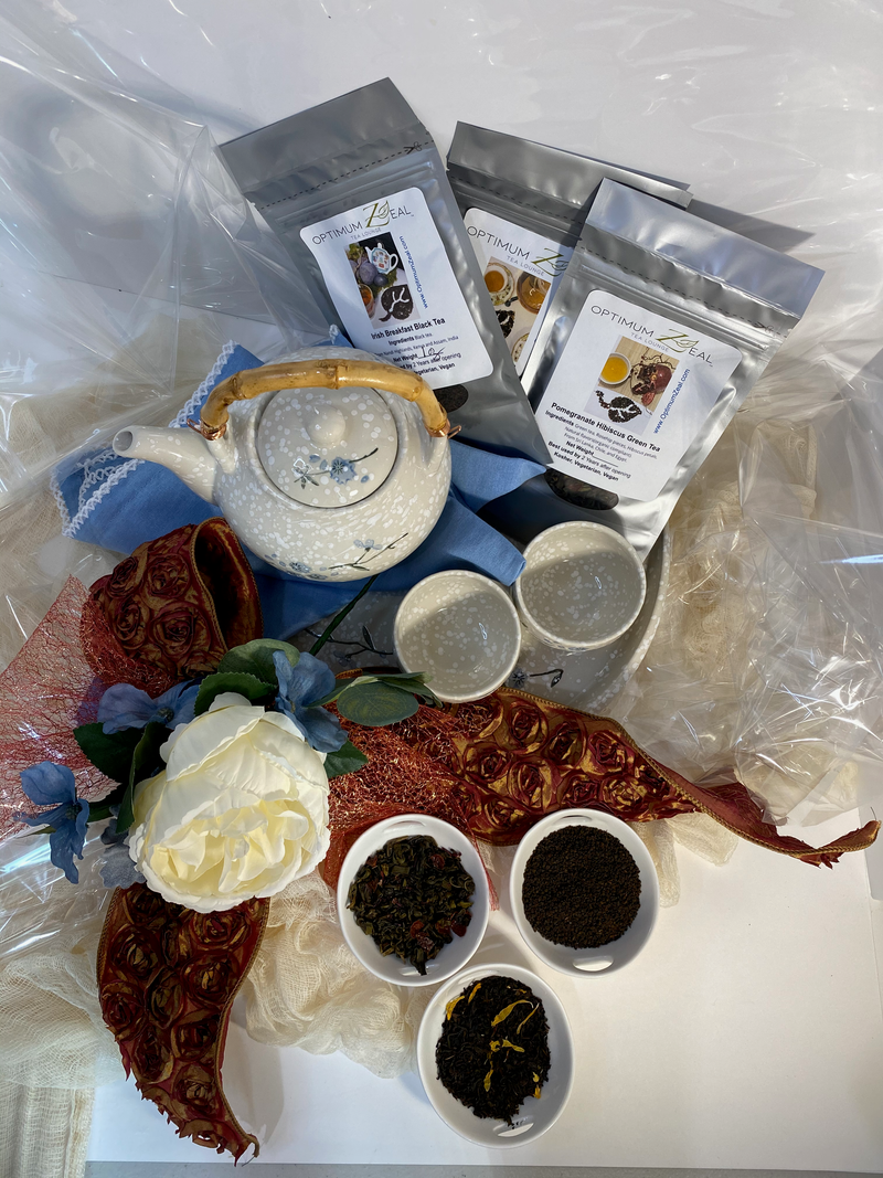 Tea Gift Basket with a teapot, two cups, tray, 3oz loose-leaf teas, gift wrapped OptimumZeal.com