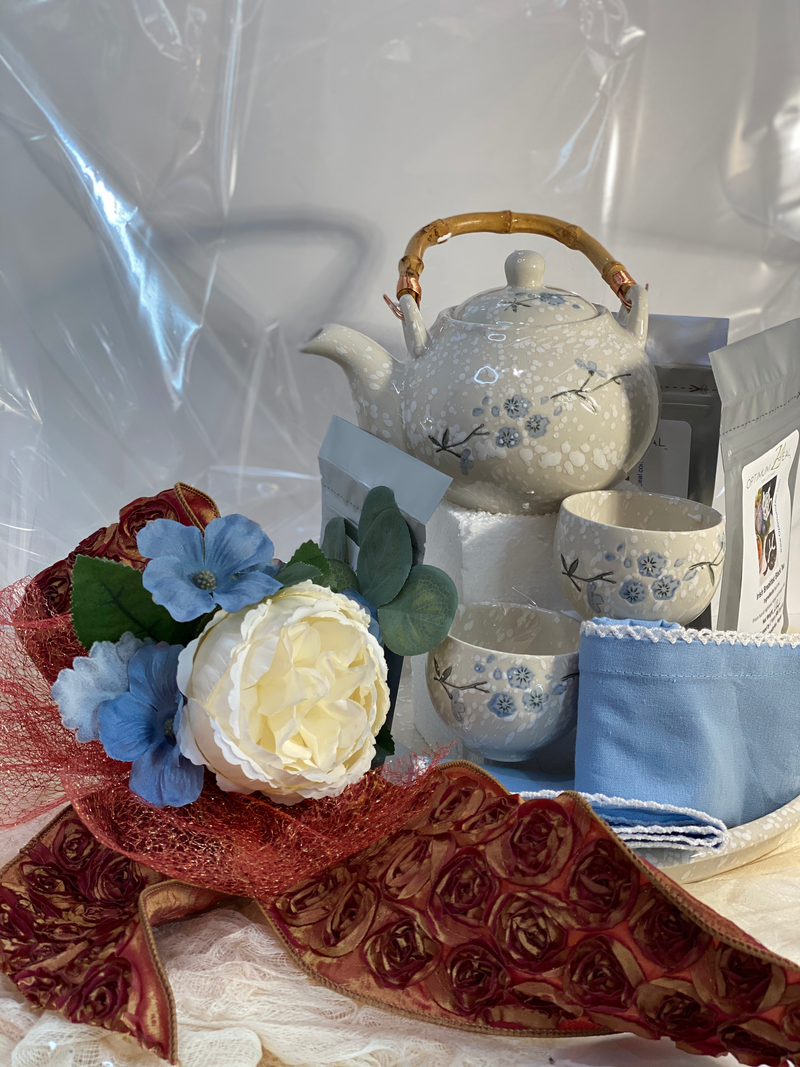 Tea Gift Basket with a teapot, two cups, tray, 3oz loose-leaf teas, gift wrapped OptimumZeal.com